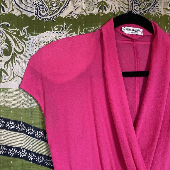 Vintage 80's Giorgio Armani Magenta Silk Semi-Sheer Wrap Front Blouse Size 10 - Picture 3 of 16